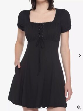 Hot Topic Black Midi Dress, Lace Up Bodice, Puffy Cap Sleeve